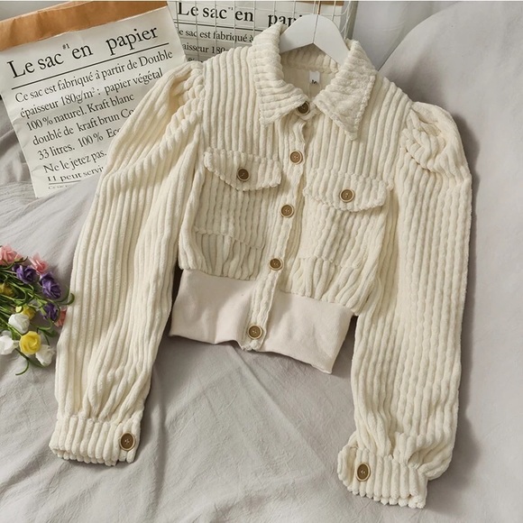 Corduroy jacket sweater bomber pocket ivory cream button womens - Picture 5 of 11